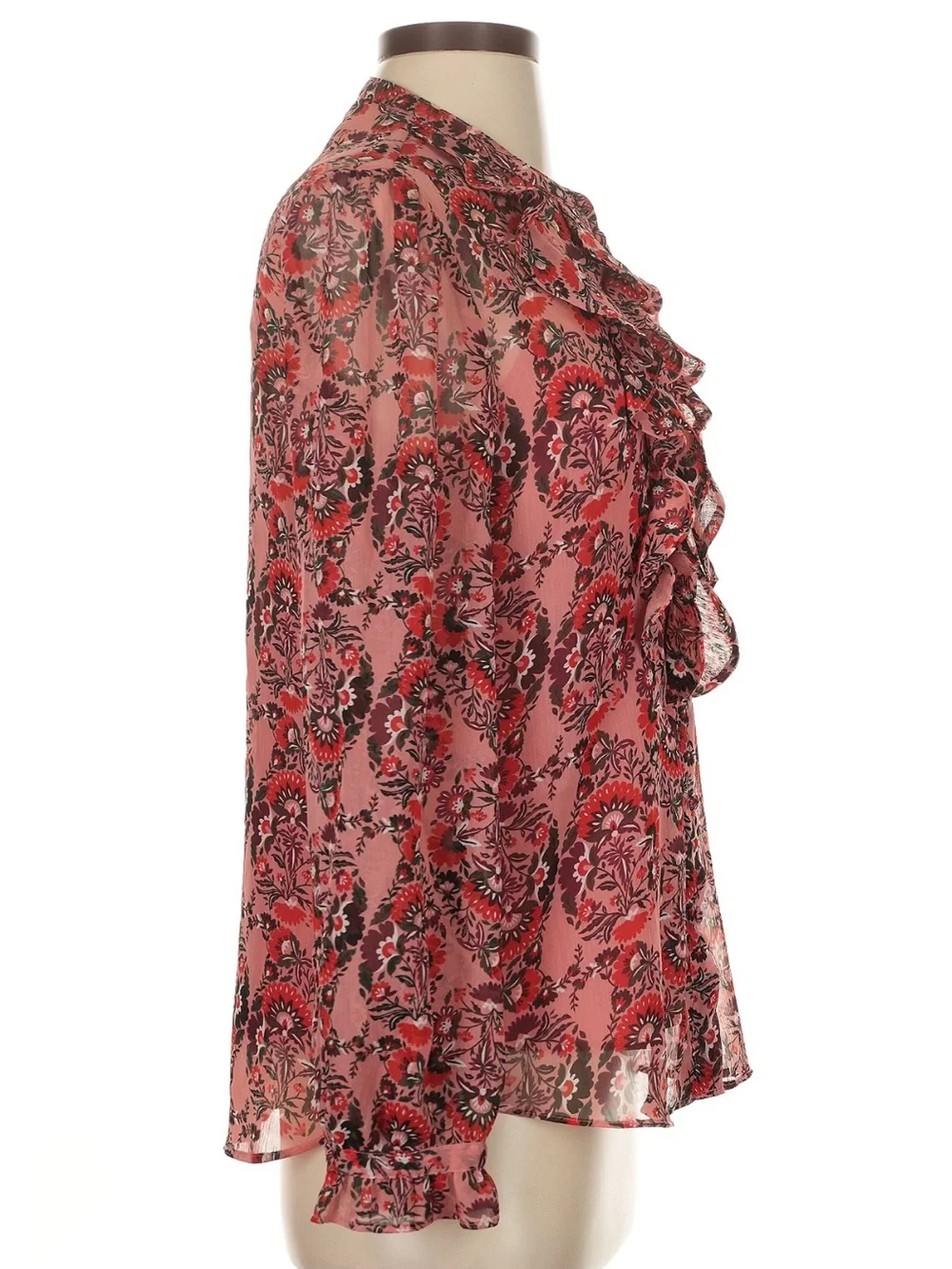 Boden Floral Sheer Ruffle Front Long-Sleeve Blouse in Rose Red Size 4
